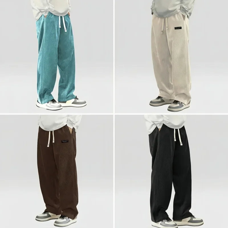 2026New Mens Corduroy Casual Pants Fashion Loose Fit Baggy Pants Straight Sweatpants Elastic Waist Drawstring Outdoor Streetwear