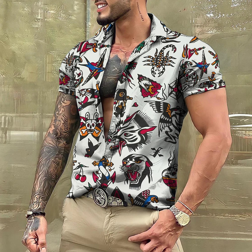 Summer Tattoo Shirt Hawaiian Shirts For Men Brand Short Sleeve Tops Tees Casual Men's Blouse Fashion Camisas De Hombre Clothing