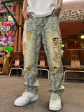 American-Style Streetwear Washed Vintage Ripped Jeans for Men, Spring and Autumn Straight Loose Fit, European and American High Street Vibe Style Long Pants