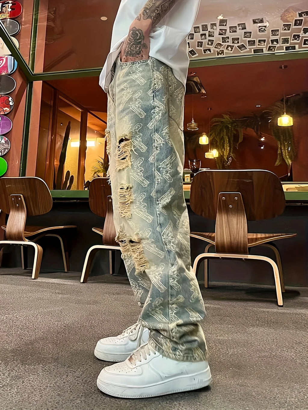 American-Style Streetwear Washed Vintage Ripped Jeans for Men, Spring and Autumn Straight Loose Fit, European and American High Street Vibe Style Long Pants