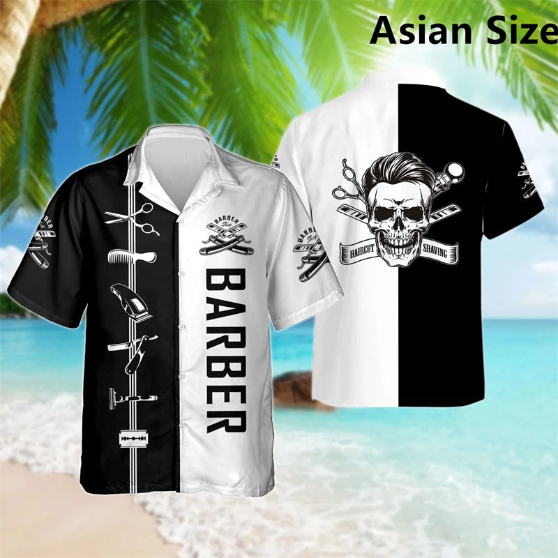Simple Fashion Barber Graphic Shirts Summer Trend Short Sleeve 3D Print Lapel Workwear Shirt Casual Breathable Loose Unisex Tops